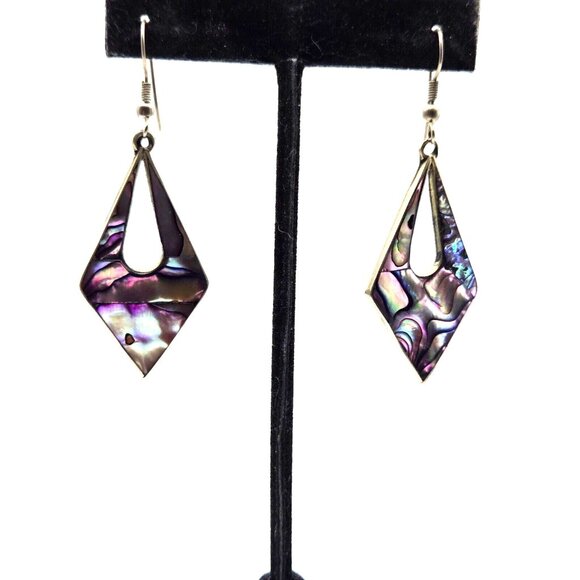 Vintage Purple Abalone Shell Sterling Earrings 2.5" marked Alpaca Mexico - Picture 3 of 6